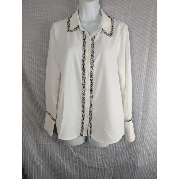 Adrianna Papell Tops - Adrianna Papell Womens Ivory Tweed Trim Button-Up Blouse L/XL Ivory Black Top